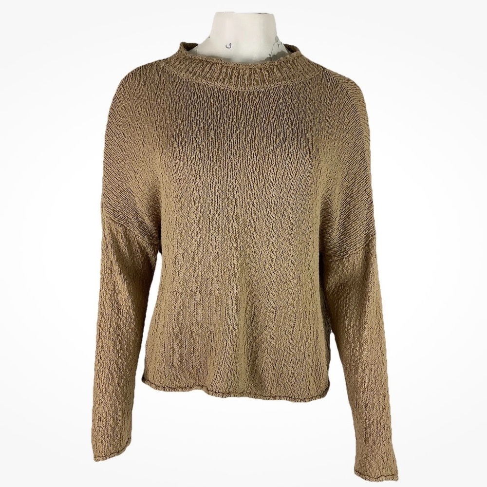 Callahan Knitwear Sz L Textured Boho Look Swing Hem Mock Neck Sweater Brown